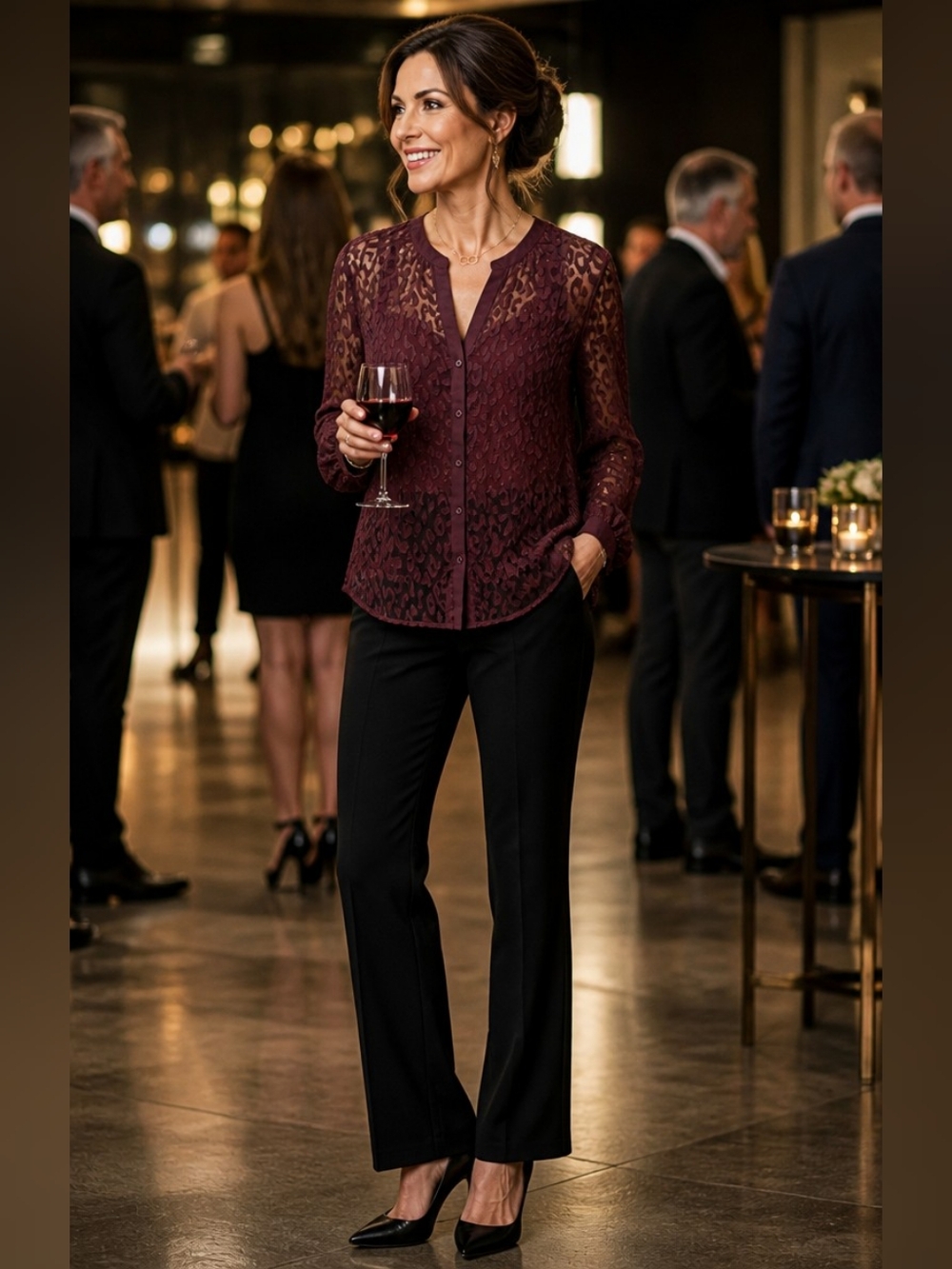 Banana Republic Burgundy Leopard Burnout Lace Sheer Blouse - Size Medium